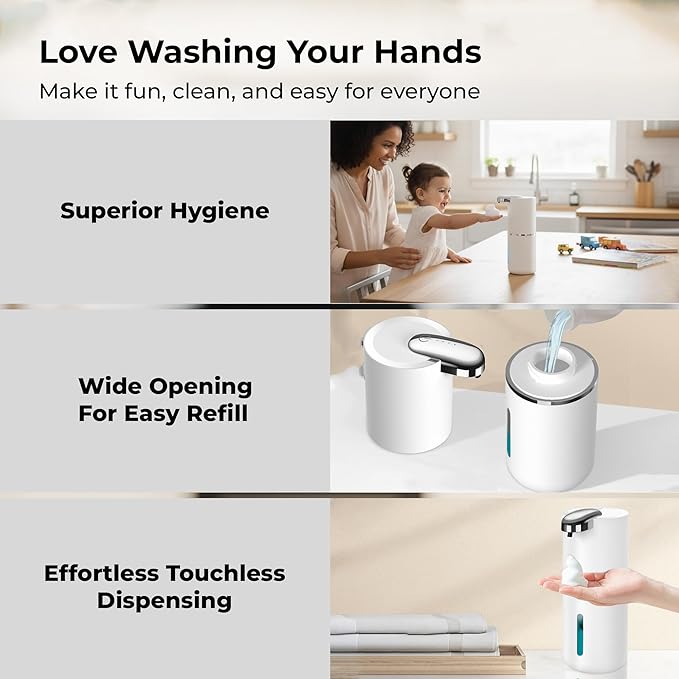 Foaming Hand Soap Dispenser - Automatic Touchless Foam Soap Pump for Bathroom & Restroom, USB-C Rechargeable, IPX5 Waterproof, Wall Mount or Countertop, 12.8oz (White)