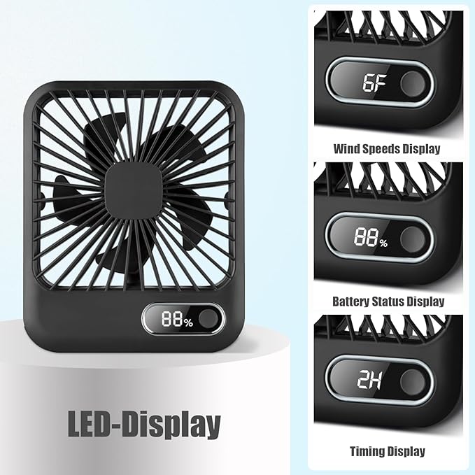Desk Fan, Portable Travel Fan with 4000mAh Battery, USB Rechargeable Folding Design for Flexibility, Strong Quiet Wind with 6 Speeds, Display Function, Smart Timer, Ideal Gifts for Office Home Camping