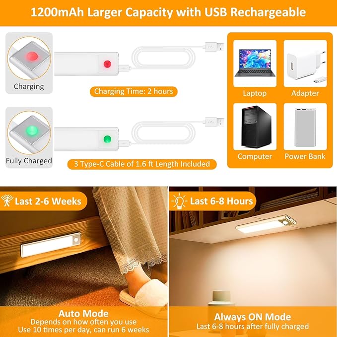 30-LED Motion Sensor Under Cabinet Lighting, 8-inch Magnetic Rechargeable Under Counter Closet Lights, Wireless Light Bar, 3-Pack, Warm White
