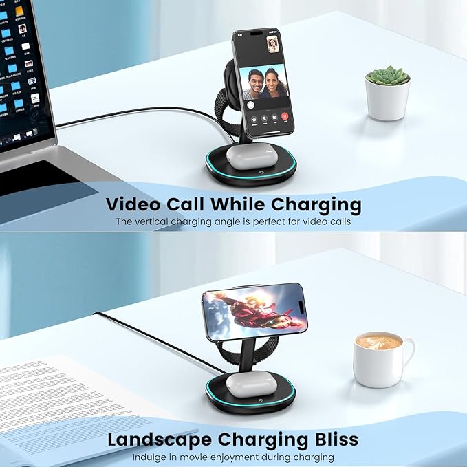 3-in-1 Charging Station, 2X Faster 15W Wireless Charging Station for iPhone 16/15/14/13/12, for Apple Watch, AirPods, Magnetic Wireless Charger with Sleep Friendly Light (Black)