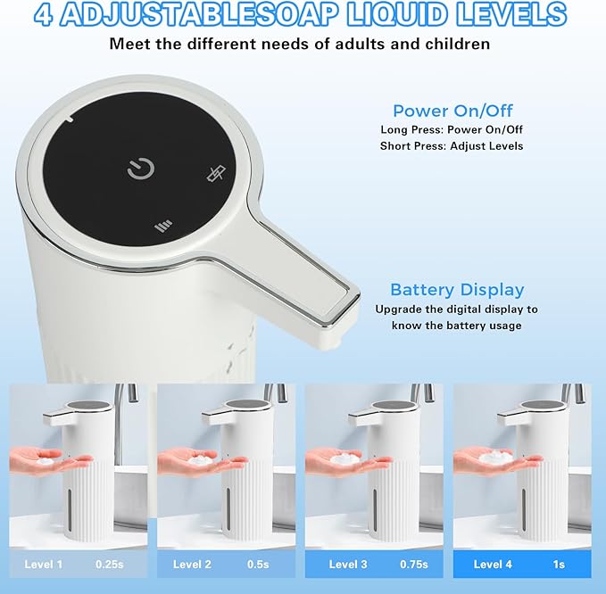 Automatic Foaming Soap Dispenser, 13.52oz/400ml Rechargeable Touchless Smart Foam Soap Dispenser, Hand Dish Soap Dispensers for Bathroom & Kitchen - Wall Mounted, 4 Adjustable Level, IPX5 Waterproof