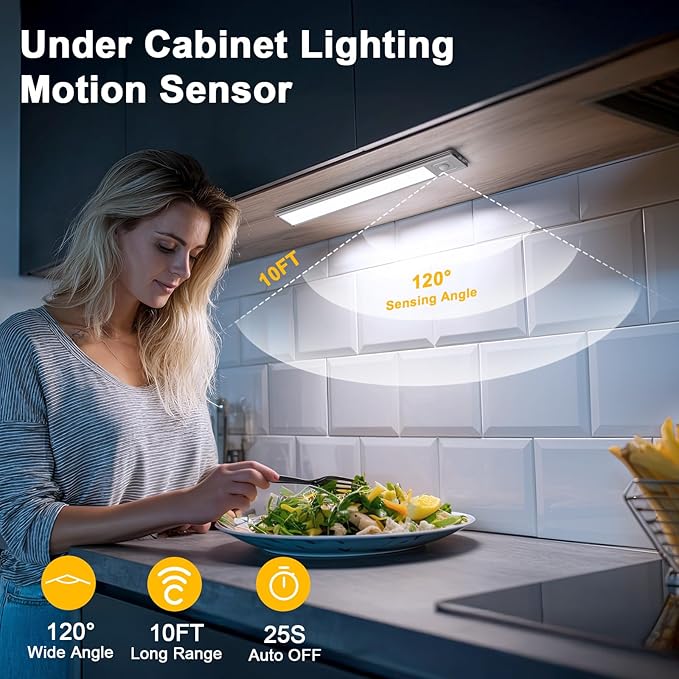 Onforu 9.8" Under Cabinet Lighting, 2000mAh USB-C Rechargeable, Motion Sensor Under Cabinet Lights with 3 Color & Dimmable, Magnetic Under Counter Lights for Kitchen, Closet, 2 Pack