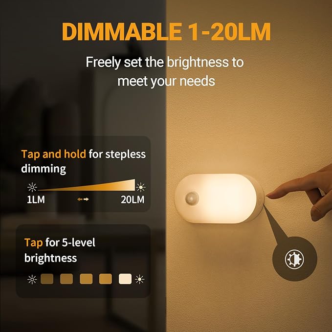 Lyridz Rechargeable Battery Night Light with Motion Sensor, Stick on Anywhere, 1-20LM Dimmable LED Nightlights for the Bedroom, Bathroom, Living Room, Kitchen, Stairs, Hallway, 4-Pack