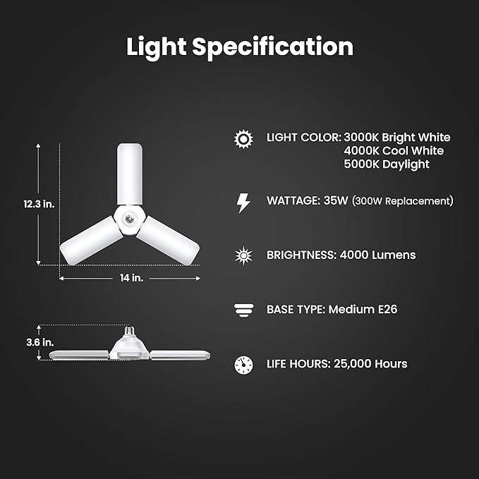 Feit Electric LED Garage Light, Multiple Adjustable Panels, E26 Base, Ideal for Garage, Workshop, Shed, 25,000-Hour Lifetime