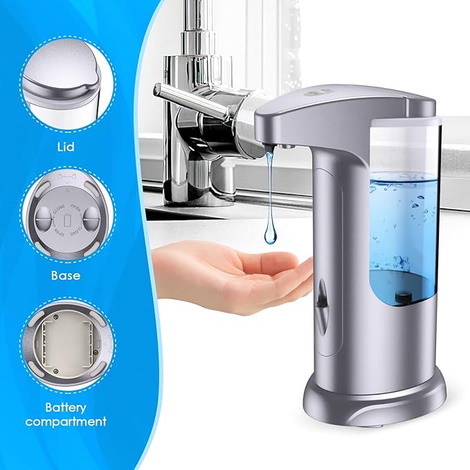 AMIR 12.5oz Touchless Automatic Soap Dispenser, Battery Operated Automatic Liquid Hand Soap Dispenser, Adjustable Volume, Water-Resistant for Kitchen and Bathroom