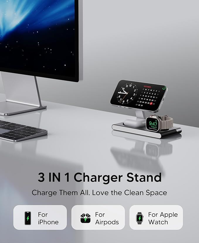 3 in 1 Magnetic Wireless Charging Station for Apple Devices,Foldable Wireless Charger Stand for Magsafe iPhone 17 Air 16/15/14/13/12,Apple Watch,AirPod,Wireless Charger Dock with Night Light