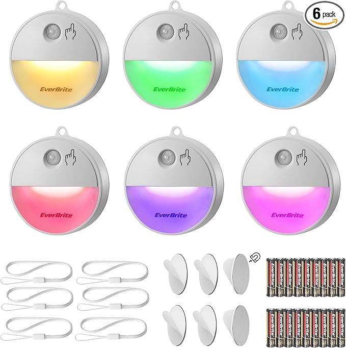 EverBrite LED Motion Sensor Night Light, Dimmable Night Lights with 15 RGB Colors, Cool White Motion Activated LED Night Light for Stairs, Hallways, Bathroom - with 18 AAA Batteries, 6-Pack