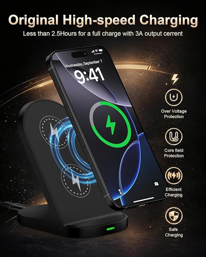 15W Wireless Charger Stand for Samsung Galaxy S26 S25 S24 Ultra S23 Plus, Fast Charging Station with QC 3.0 Adapter, Qi-Certified Phone Charger Stand for Galaxy Z Fold 7/6, iPhone 17 16, Google Pixel