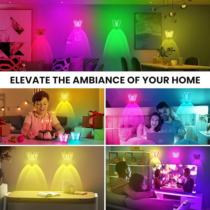 LOFTEK Rechargeable Motion Sensor Light, 2 Color Modes, Dimmable RGB Ambient Lighting, Cute Butterfly Design for Kid's Bedroom, Bathroom, Hallway, Tent & Stairs - Ideal Home Decor & Gift, 6 Pack