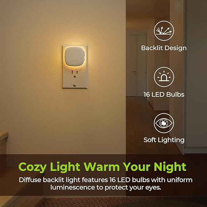 AUVON Plug-in LED Backlit Night Light with Motion Sensor & Dusk to Dawn Sensor, 2200K Soft Warm White Nightlight with 1-50lm Dimmable Brightness for Adults & Kids' Bedroom, Bathroom, Hallway (4 Packs)