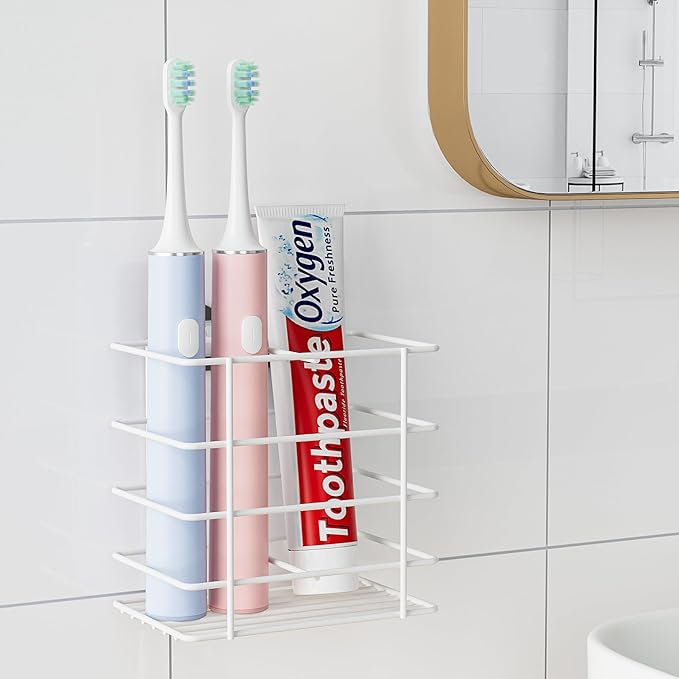 Shower Toothbrush Holder Wall Mounted, Adhesive Toothpaste Organizer for Bathroom Wall, Hanging Razor Tooth Brush Holder Caddy with Drainage, White RV Camper Bathroom Accessories Decor