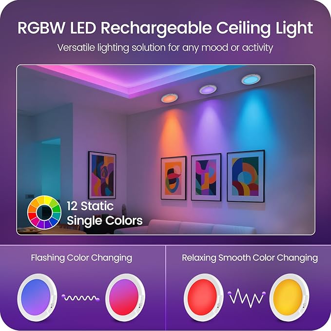 Motion Sensor Rechargeable Shower Light for Inside Shower with Remote, RGBW Battery Operated Ceiling Light, Wireless, Color-Changing Ambient Light, Warm-to-Cool Whites, Dimmable, Timer, Magnetic