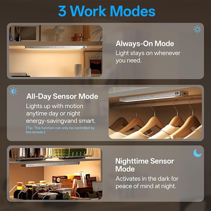 14.2inch Under Cabinet Lighting Wireless,Rechargeable Motion Sensor Light Indoor,3 Colors Dimmable,Magnetic Closet Lights with Remote,Under Counter Lights for Kitchen,Silver 5Pack