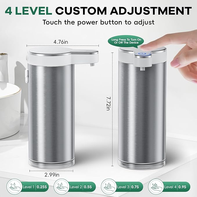 Automatic Soap Dispenser Touchless,Stainless Steel Hand Soap Dispenser,11.8oz/350ml,4 Adjustable Levels,USB Rechargeable,Desktop & Wall-Mounted Dual Use,for Kitchen & Bathroom,Liquid White