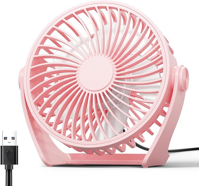Edvision USB Desk Fan, 5 Inch Small Portable, 3 Speeds Powerful Wind Mini Personal Desktop Fan 360° Rotation Adjustable, Plug In USB Fan Quiet for Table Home Office Travel Car(Pink)
