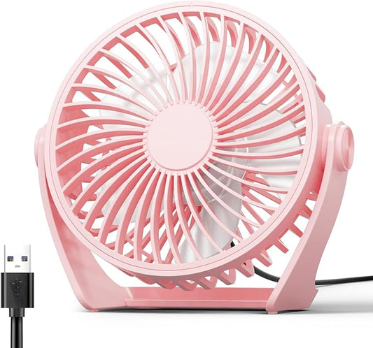 Edvision USB Desk Fan, 5 Inch Small Portable, 3 Speeds Powerful Wind Mini Personal Desktop Fan 360° Rotation Adjustable, Plug In USB Fan Quiet for Table Home Office Travel Car(Pink)