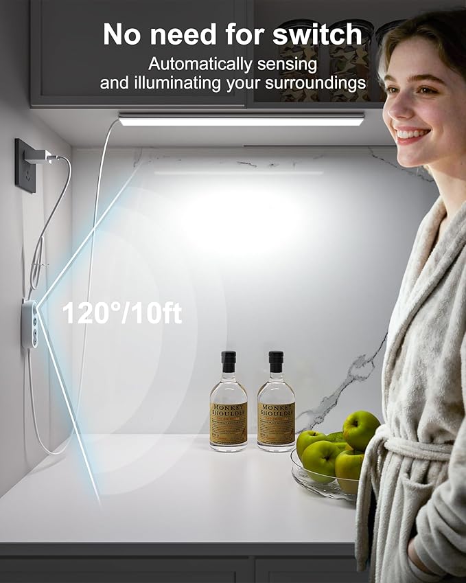 ASOKO Motion Sensor Dimmable Led Under Cabinet Lighting,16 inches Plug in Led Counter Light Bars, Cool White 6000K Light Bar for Kitchen/Closet/Wardrobe/Shelf/Desk/Display Case