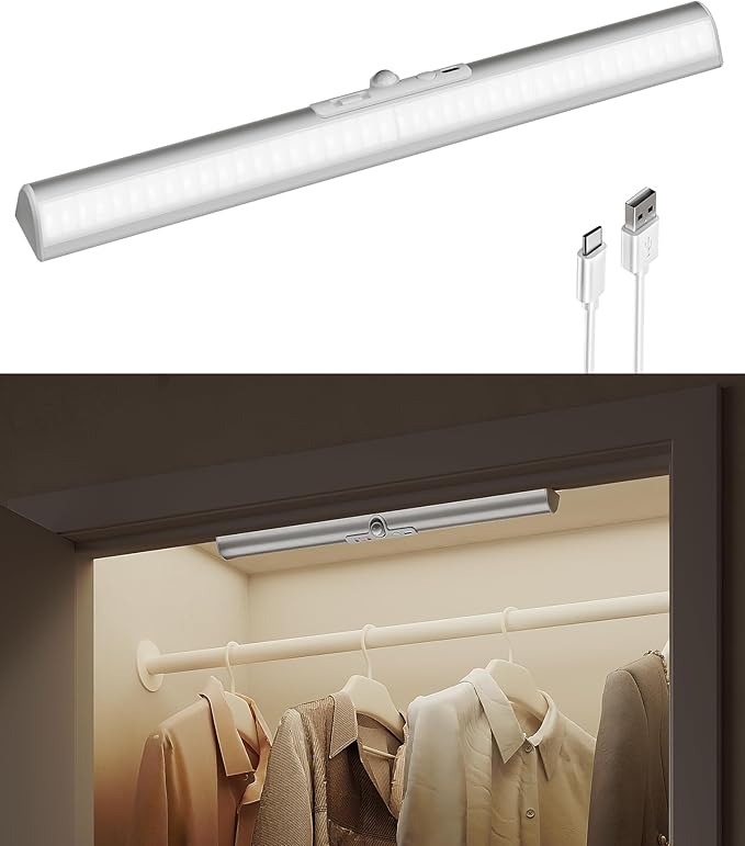 EZVALO 17-Inch LED Motion Sensor Closet Light, Rechargeable 3600mAh Battery, 150 Lumens No-Glare Curved, 3 Color Temperatures & Dimmable Cabinet Light for Wardrobes & Shelves