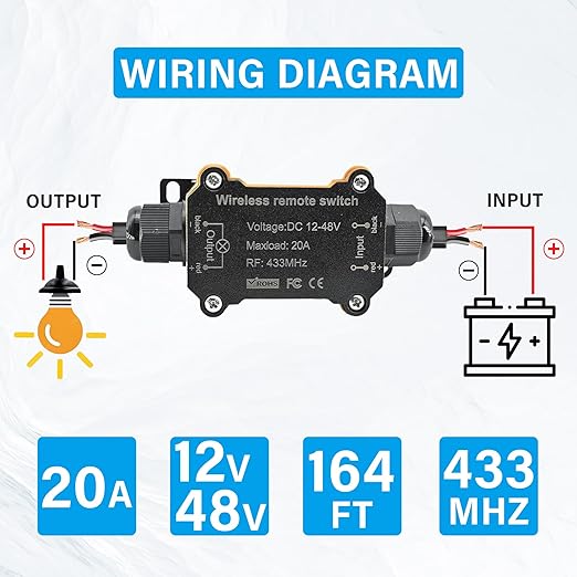 DC 12V 24V 48V Wireless Remote Control Switch,433MHz RF Relay Switch 20A Heavy Duty,IP67 Waterproof Receiver,164Ft Long Range Control for RV,Marine,Solar,Water Pump,Lights, Fans