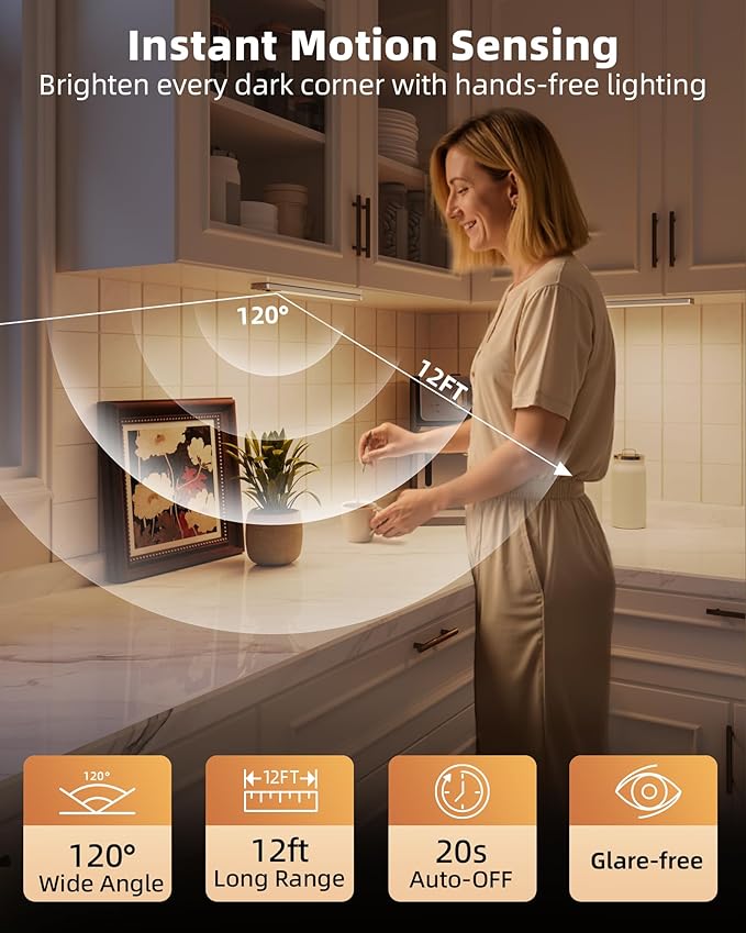 EZVALO 10inch Under Cabinet Lighting, Rechargeable Motion Sensor Light Indoor with 3 Color Temperatures, Dimmable & Magnetic Closet Lights, Wireless Under Counter Lights for Kitchen, Stairs (2 Pack)