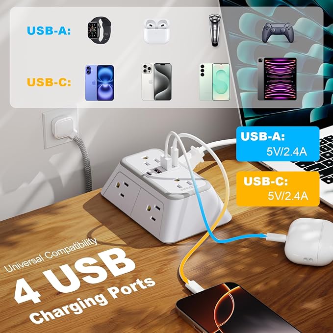 Power Strip Extension Cord - 6 Outlets and 4 USB (2 USB C), 5FT Braided Cord with Ultra Thin Flat Plug, 3 Side Outlet Extender with Overload Protection, Travel, Cruise Ship, Dorm Room Essentials