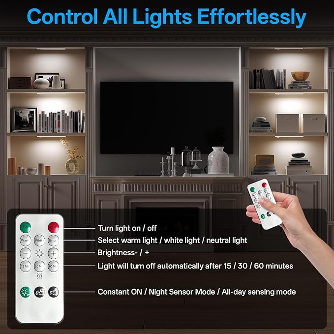 Under Cabinet Lighting Wireless,Rechargeable Motion Sensor Light Indoor,3Color Dimmable Closet Light Battery Operated with Remote Control, Magnetic Under Counter Lights for Kitchen 2Pack