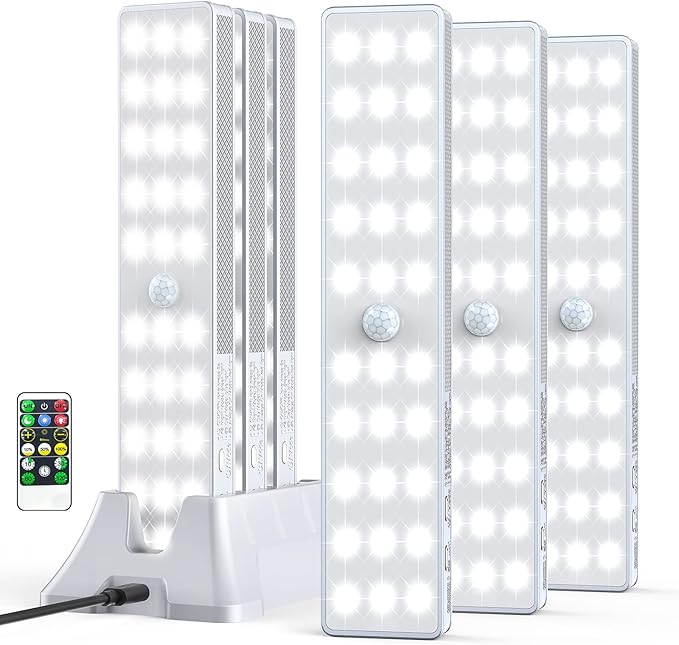 LED Closet Light with Charging Station, 6 Pcs 30LEDs 8'' Dimmer Rechargeable Motion Sensor Under Cabinet Lighting, Stick-Anywhere Night Light for Wardrobe,Kitchen