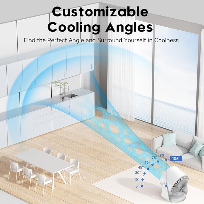 YOSHENMO Desk Fan, Turbo Table Fan for Bedroom, 100-Speed Digital Display, Low Noise, 105° Adjustable Tilt, 7.5-inch, Rechargeable Battery, Wall-Mouted Design for Home, Office, Travel Dark White