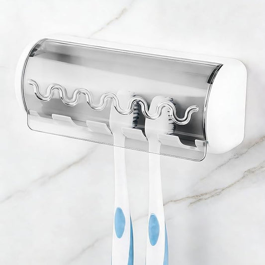 1 PCS Self Adhesive Toothbrush Holder with Cover for Bathroom, 5-Slot Wall Mounted Toothbrush Organizer Rack for Shower, Dorm, Cabinet (Grey)