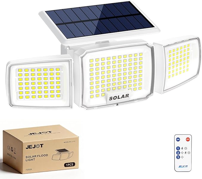 White Solar Security Light Outdoor Super Bright LED, Motion Sensor Flood Light, 3 Heads 270° Wide Angle, Remote Control, IP65 Waterproof, 3 Modes (1 Packs)