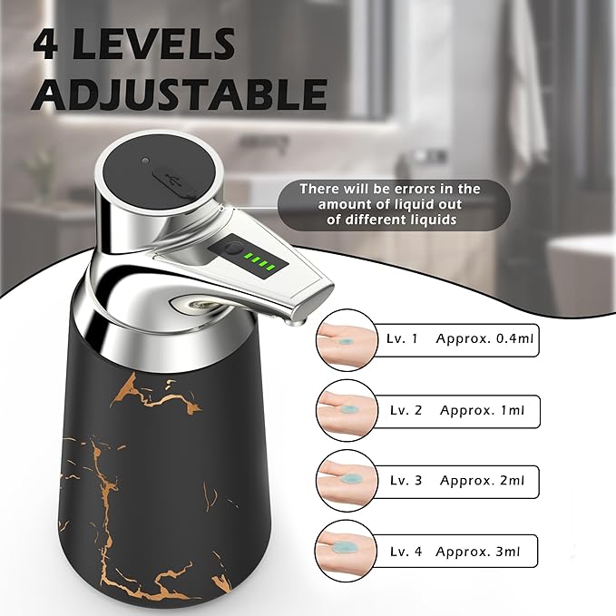 Adjustable Automatic Soap Dispenser Touchless, Ceramic Material，4 Adjustable Levels， Type-c Rechargeable Operated Sensor Liquid Soap Pump，Touch-Free Hand Sanitizer Dispenser (Black Silver)