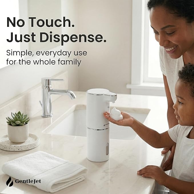 GentleJet JetFoam Automatic Foam Soap Dispenser Touchless Sensor, USB-C Rechargeable, Adjustable Output, IPX5 Waterproof, 300 ml, Bathroom & Kitchen Countertop