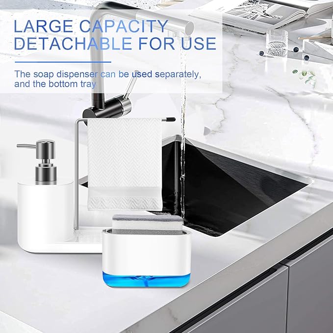 Dish Soap Dispenser Set 4-in-1 Soap Dispenser for Kitchen Sink with Detachable Sponge Included Dish Liquid Dispenser, Bathroom Soap Dispenser, White