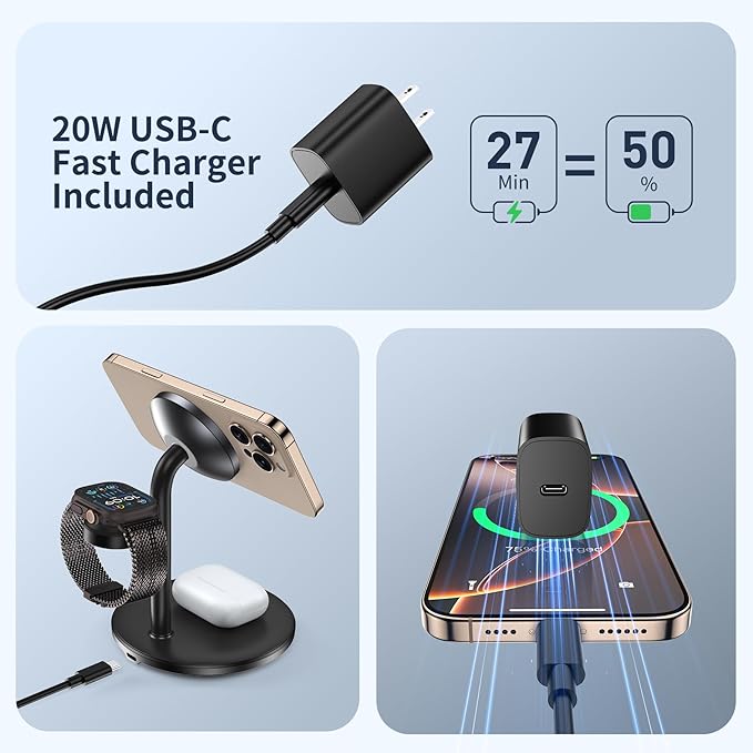 3 in 1 Wireless Charging Station for Apple Devices with MagSafe Charger, 15W Wireless Charger Station for iPhone 17/16/15/14/13/12 Pro Max Air Plus Mini, iWatch&AirPods(with 20W Adapter)