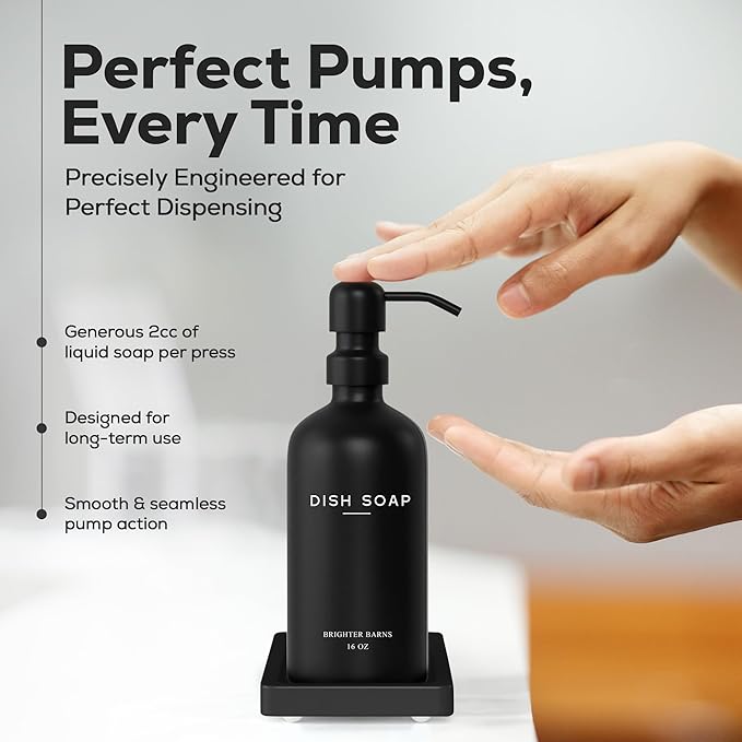 Black Glass Hand and Dish Soap Dispenser Set by Brighter Barns - Kitchen Soap Dispenser Set with Tray for Home, Airbnb, Vacation Rental, Gift - Minimalist Home Decor, Modern Kitchen Decor (Black)
