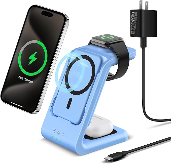 Smtcsl 3 in 1 Wireless Charging Station: 5000mAh Removable Power Bank Charger Stand for Phone/Watch/Air Pods - Portable Magnetic Battery Pack for Air 17 16 15 14 13 12 Series Blue