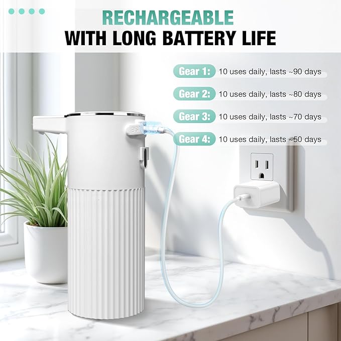 2 Pack Automatic Soap Dispenser: 14oz Plastic - Touchless 4 Level Adjustable Wall Mount White Rechargeable Electric Auto Smart Liquid Soap Dispenser Set - Bathroom Kitchen Hand Dish Lotion