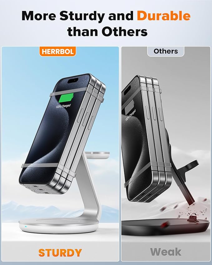 HERRBOLAI 3 in 1 Charging Station Compatible with Magsafe Charger Wireless Charger Stand for iPhone 17 16 15 14 13 12 Wireless Charging Station for AirPods Wireless Charging Stand for iWatch Series