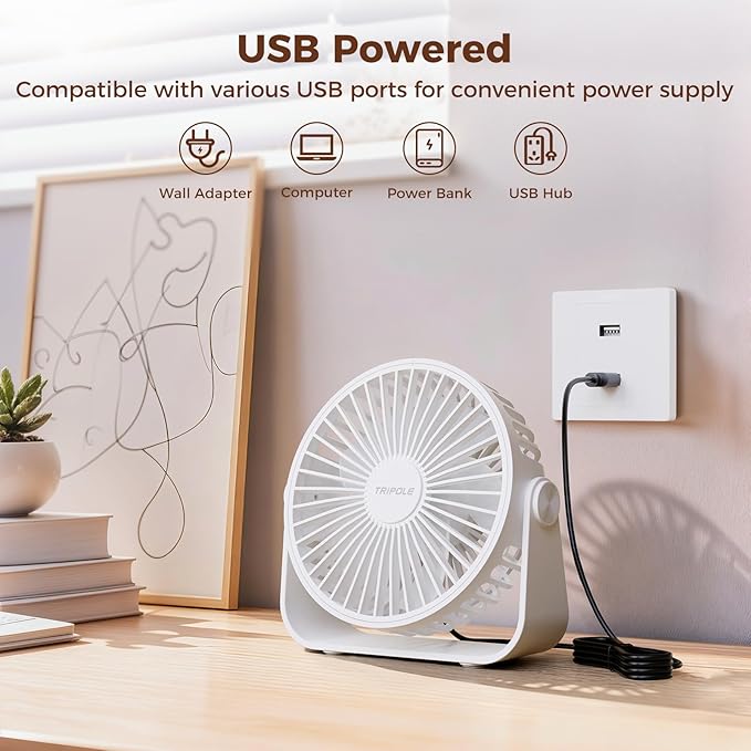 TriPole USB Desk Fan Portable Mini Fan Powerful 3 Speeds Wind Personal Desktop Fan with 360° Head Rotation for Home Office Car Indoor Outdoor White, No Battery, 4.5 Inches
