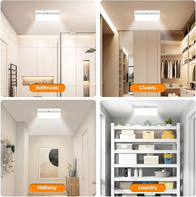 NARUNDREN 2 Pack Rechargeable Motion Sensor LED Ceiling Light with Remote, Wireless Battery Operated Closet Light, 400LM Dimmable 3 Color Temperatures, Ideal for Stair Hallway Garage Pantry