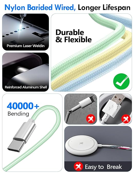 2Pack Multi Charging Cable Cord for Travel Essentials,Apple Watch Charger,iPhone Charger,[3-in-2] Type C/L Cable Portable Designed for iWatch,iPhone 17-8,Galaxy S25-21,AirPods,iPad-4FT Green