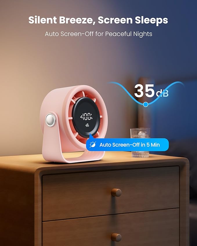 Gaiatop Small Desk Fan Rechargeable, Quiet Personal Table Fan, Touch Control Display, 360° Tilt, 5-Speed Strong Wind, 4000mAh Battery, Small Fans for Bedroom Dorm Office, Gifts for Women Girls, Pink