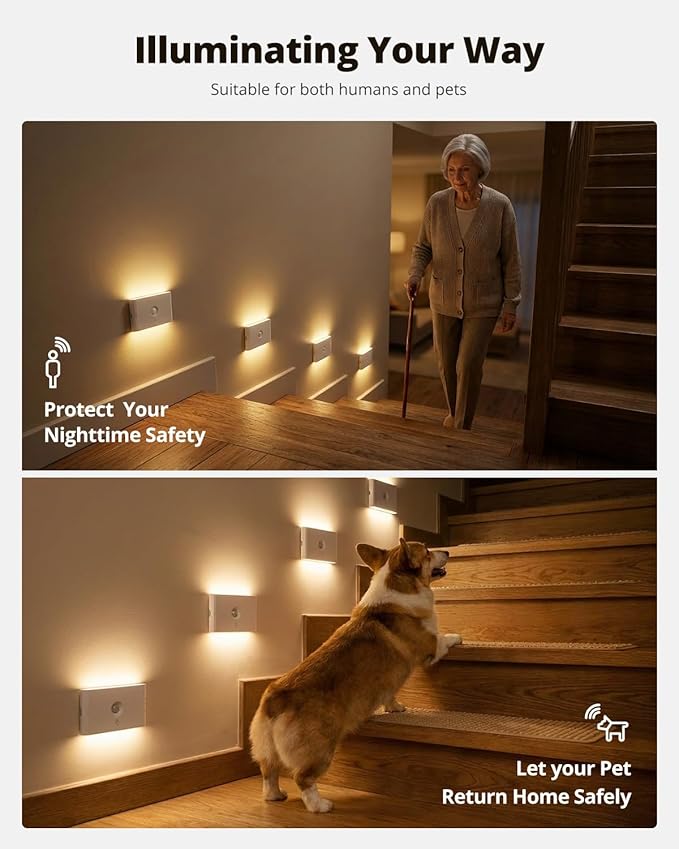 wowatt 3CCT Rechargeable Stair Lights Indoor, White Stairway Lights Indoor with Magnetic Mount, Dimmable Stair Lights Motion Sensor for Stairway, Hallway, Kitchen, Bathroom(6 Packs)