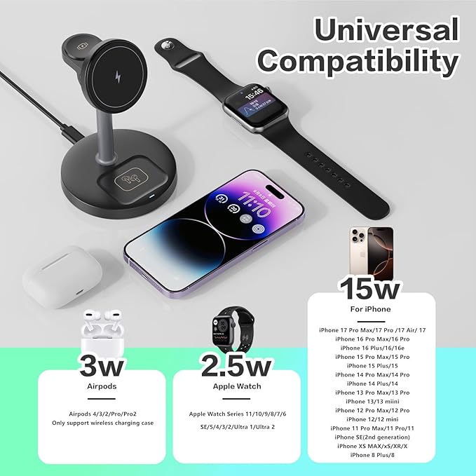 3 in 1 Wireless Charging Station Compatible with MagSafe, 15W Fast Charging Magnetic Mag-Safe Charger Stand for Apple iPhone 17 16 15 14 13 12Series Apple Watch AirPods Pro 4 3 2, Gifts for Men Dad
