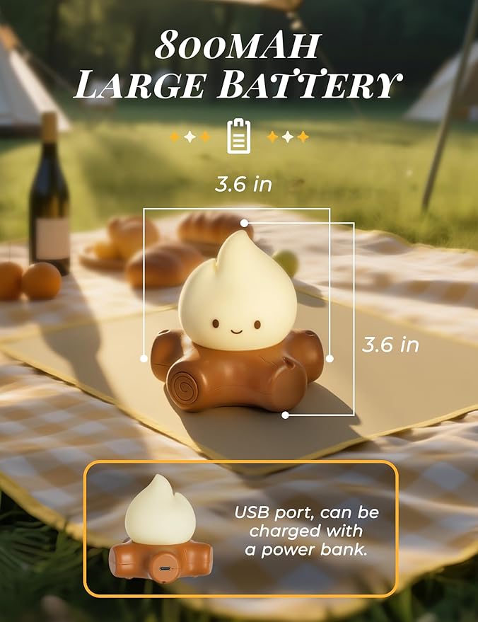 WANIDEA Fake Campfire Lamp, Ambient Lighting, White Noise Soothes The Mood, Portable Rechargeable Night Light, Candlelight Mode Mood Lighting, Bedroom, Desktop, Camping Decor (3Pack)