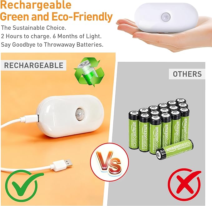 Rechargeable Motion Sensor Night Light, 2-Color White & Warm Toilet Light with Auto/On Mode, Magnetic & Adhesive Installation for Bathroom, Bedroom, Hallway (2 Pack)