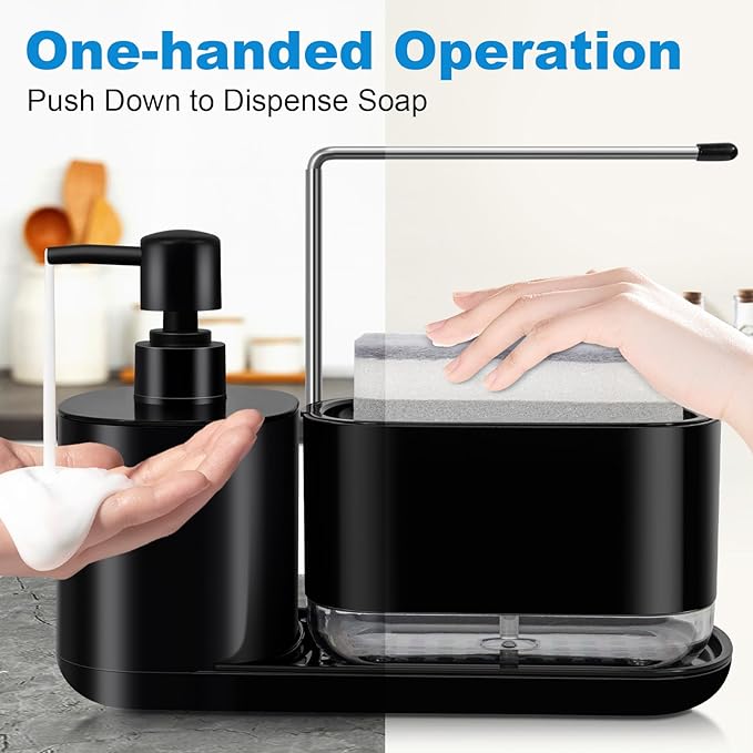 Dish Soap Dispenser Set 4-in-1 Hand Soap Dispenser with Detachable Soap Pump Sponge Holder for Kitchen Sink, Bathroom Soap Dispenser, Black