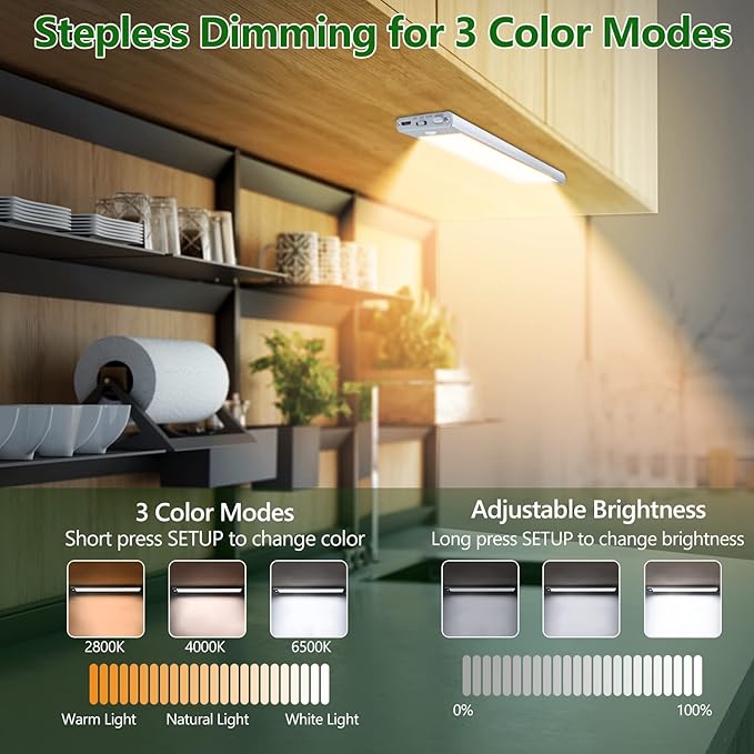 HIBOITEC Under Cabinet Lighting Motion Sensor Lights Indoor, 3 Color Temperatures Wireless Rechargeable Closet Light, Dimmable Under Counters Light for Kitchen, Wardrobe, Closets, Cupboard, 1Pack