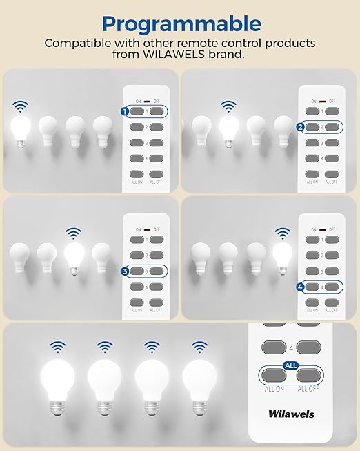 Remote Control Outlet with 4 Independent Control Sockets, WILAWELS Wireless Remote Light Switch for Christmas Tree Lights, String Lights, 15A/1875W/125V, FCC Certified, One Remote for 4 Plugs