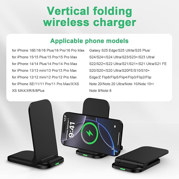Foldable Samsung Wireless Charger Fast Charging Stand Wireless Android Desk Phone Charger Pad 15W for Samsung Galaxy S25 Edge S25 Ultra S25 Plus S24 S23 S22, iPhone 16e/16 Plus/Pro, with 18W Adapter